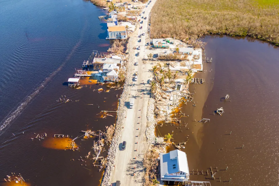 Aerial view of flooded homes in coastal area of Florida after Hurricane Ian.